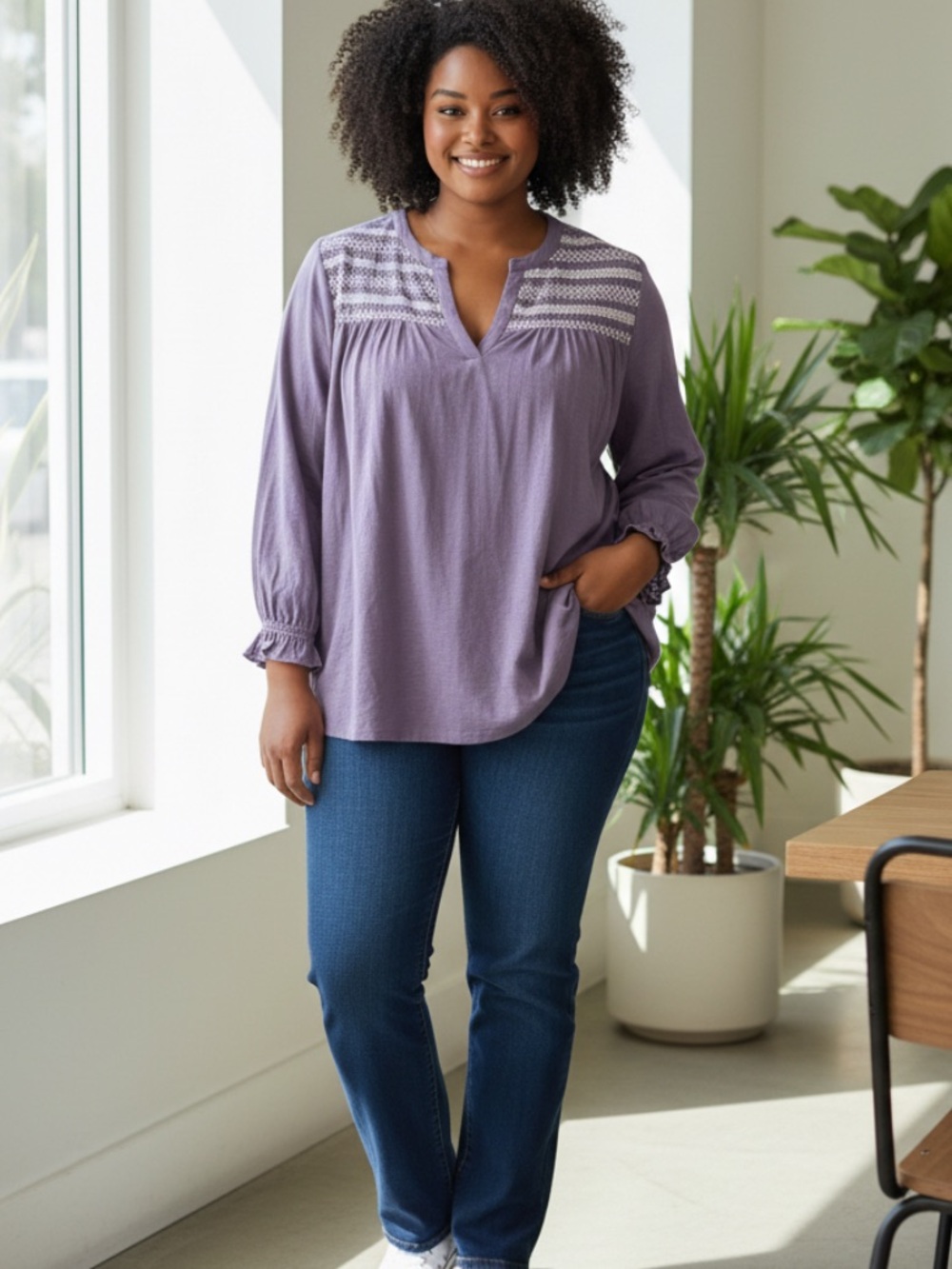 Lane Bryant Lavender V-Neck Peasant Blouse with White Smocked Yoke